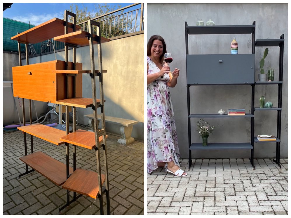 Restyling con vernici Novecento Paint di una vecchia libreria modulare anni 60, stile danese, amanda deni rosso tibet, restauro, pitture gesso, chalk paint, come riverniciare un mobile, prima e dopo